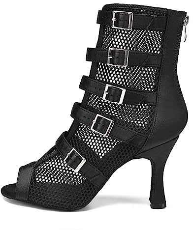 VCIXXVCE Stivali da Ballo Latino Americano Donna con Punta Aperta Nere Maglia Tango Salsa Bachata Scarpe da Ballo da Sala con 8.5cm Tacco Alto, 38.5 EU
