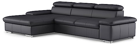 CAVADORE Echtleder-Schlafcouch Valerie mit XL-Longchair / Ecksofa mit Bettfunktion, Kopfteilverstellung + großem Longchair / 286 x 73 x 174 / Leder Schwarz