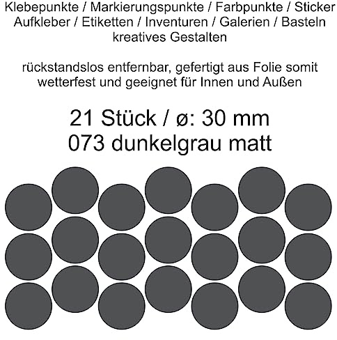 Aufkleber Etiketten Klebepunkte aus Folie 21 Stück grau dunkelgrau matt rund 30 mm selbstklebend farbig wetterfest Decal Markierungen Organisieren DIY basteln verzieren Modellbau Scrapbooking