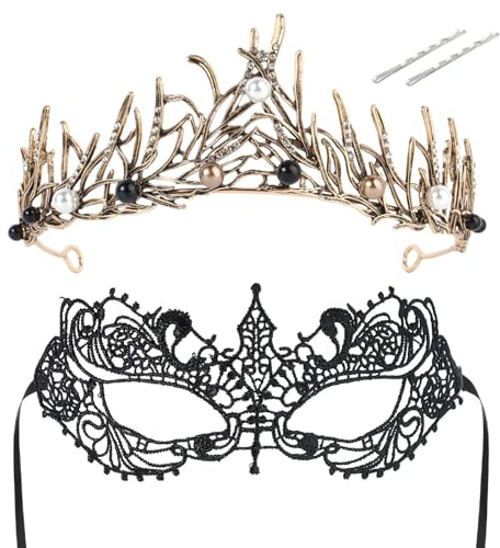 Kronen für Frauen Halloween Schwarze Kristall Krone Tiara mit Spitze Maske Prinzessin Elf Krone Stirnband Vintage Barock Königin Krone Braut Tiara für Halloween Weihnachten Hochzeit