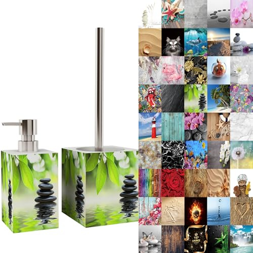 Sanilo Badezimmer Set, Seifenspender und WC Bürste mit Motiv, große Auswahl, Klobürste ohne Bohren, schöne Designs (Harmony)