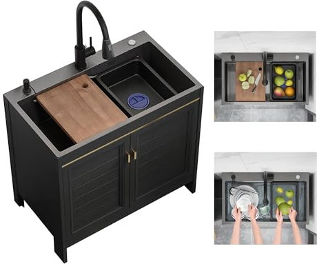 Spülenschrank mit spüle und armatur,spüle küchenspüle mit unterschrank,mobiles camping waschbecken,spülbecken edelstahl,ausgussbecken,mit ausziehbarem Wasserhahn Seifenspender Und Drainage-Komponenten