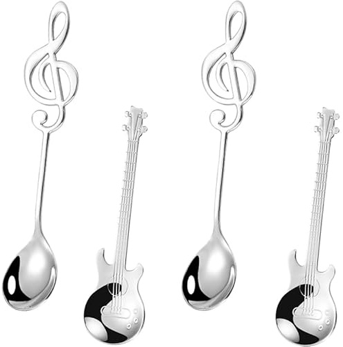 Gitarre Kaffeelöffel Set,Gitarre Kaffeelöffel und Musiknote Kaffeelöffel,Musiker Geschenke,Edelstahl,Lustig Musik Deko Geschenk Teelöffel,für Tee, Milch, Kaffee, Dessert, Drink, Milchshake