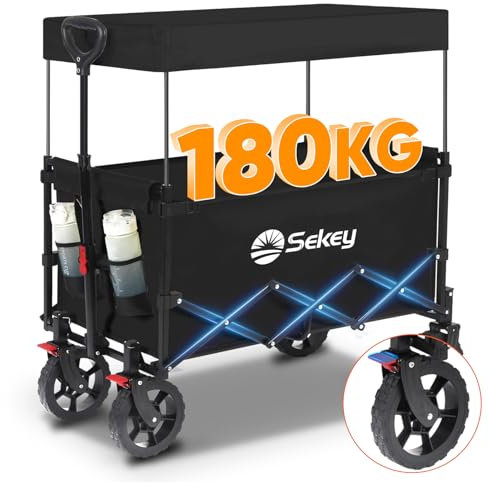 Sekey 250L Large Folding Camping Trolley with Removable Canopy, Heavy-Duty Collapsible Wagon Cart Loadable up to 180KG, Patented Four-Directional Foldable Design Outdoor Cart for Garden Beach, Black