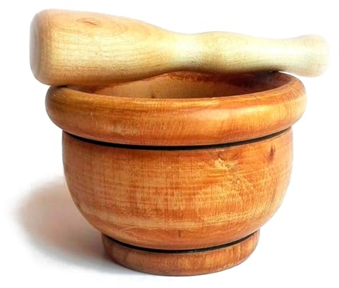 Tradineur - Mortero de Madera Natural - Incluye mazo de 13,5 cm - Machacador Manual de Cocina para moler ajo, Especias y Hierbas - Ø 9 x 8 cm