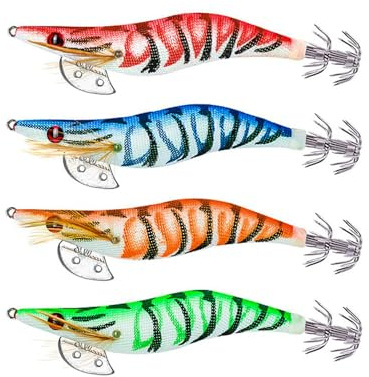 4 Pièces Crevettes Lumineuses Calmar Jig Leurres De Pêche en Mer, Appâts de Pêch/e Calmar, Appât Set, Turlutte a Calamar, Crevette Leurre Fausse pour la Pêc/he des Pieuvre, Seiches et Calamar
