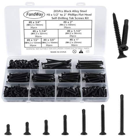FandWay 205Pcs Self Tapping Screws for Metal,M4.2 Self Drilling Screws for Steel,Countersunk Head Tek Screw,Flat Head Sheet Metal Screw Black Oxide for MetalWork Aluminum Wood Plastics.