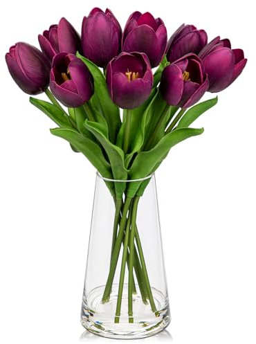 Hollyone 9PCS Fake Tulips Artificial Tulip Flowers in Glass Vase with Faux Water, 14.2 Real Touch Purple Tulip Flowers Décor for Table Centerpiece Home Farmhouse Resto Wedding Decoration