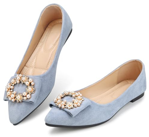 KUNWFNIX Women's Pointed Toe Pearl Flats, Faux Suede Comfort Dress Flats for Wedding Guest, Non-Slip Soft Sole Office Flats for Work, Party, Date