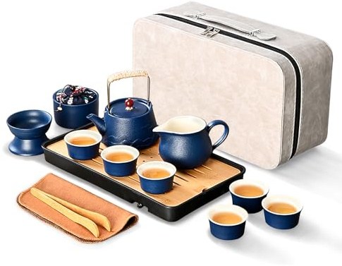 fanquare Blau Chinesischer Teeservice Porzellan Kung Fu Tee Sets für Erwachsene 13 Stück Traditionelles Reise Teeservice mit Teekanne Tablett Reisetasche Japanischer Tee Service für Geschenke