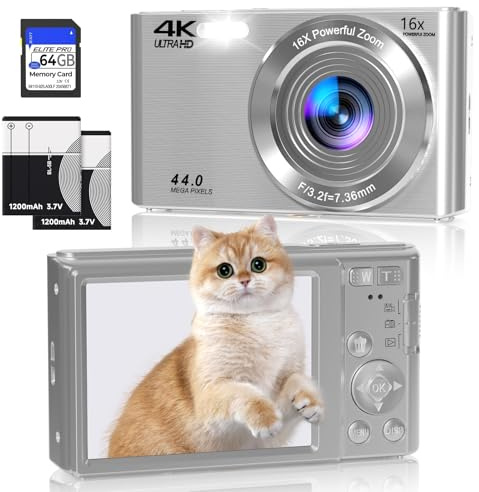 Digitalkamera für Kinder, FHD 4K 48 MP kompakte Point-and-Shoot-Digitalkameras mit 2,8-Zoll-IPS-Bildschirm, 16-fachem Zoom, 32-GB-Karte (White)