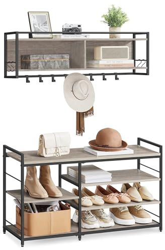 VASAGLE Hall Tree with Shoe Bench, Coat Rack Shoe Bench Set, Entryway Furniture, Multifunctional, 12 Metal Hooks, 4-Tier Shoe Rack, for Entryway, Bedroom, Heather Greige ULSB108K02