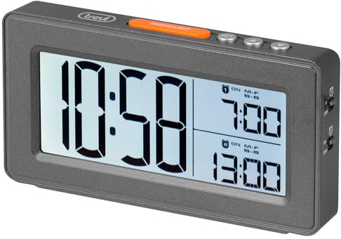 Trevi SLD 3P40 Orologio Digitale con Grande Display LCD Retroilluminato, Possibilità di Impostare Due Sveglie Separate, Funzione Snooze, Grigio Metal Gun