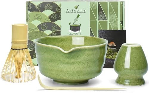 Artcome Set da tè Matcha da 4 pezzi, kit completo per cerimonia giapponese con ciotola, frusta, supporto per frusta, paletta e guida, verde screziato