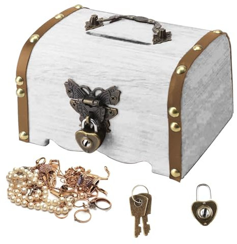 Kleine Vintage Holz Schatztruhe, Vintage-Look Schatztruhe mit Zahlenschloss, Hellgrau-Weiße Holz Aufbewahrung Schatzkiste mit Deckel, Piraten-Schatztruhe zur Aufbewahrung und Dekoration, Schnitzeljagd