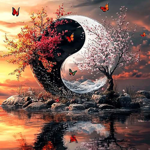 DAERLE DIY Diamond Painting Natur Yin und Yang, Diamond Painting Erwachsene Lebensbaum, 5D Diamant Painting Bilder, Mosaikherstellung Bastelset für Haus Wanddeko 30x30cm
