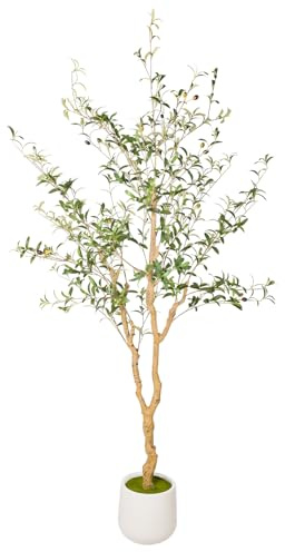 Künstlicher Olivenbaum mit weißem Topf – Kunst-Olivenbaum für Wohnzimmer-Deko, große Kunstpflanzen für Innenräume, realistischer Stamm, Blätter & Früchte, Büro-Dekoration (215CM)
