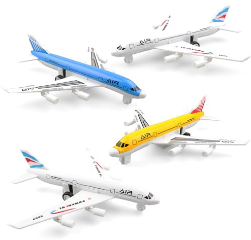 victob Pull Back Aeroplane Toys 4 Pack - Plastic & Die Cast Metal Airplanes Model for Ages 3 4 5 6, Friction Powered Planes, Christmas & Birthday Gift for Boys & Girls