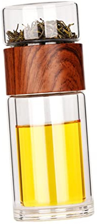 Botella de agua portátil de doble vidrio con infusor de té, vaso de viaje con filtro de madera, 360 ml