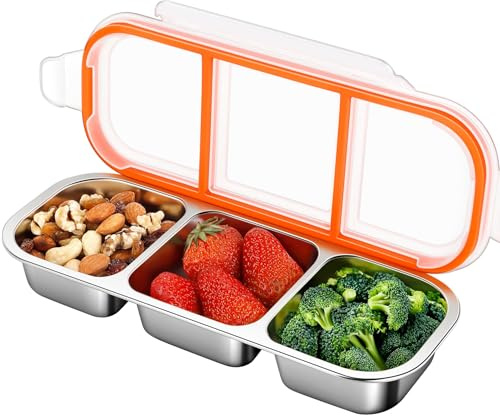 LeKuni Snackbox mit 3 Fächern, 600ml Snackteller Aus Edelstahl, Wiederverwendbare Snackschale mit Deckel, Unterteilte Snackdose Für Kinder und Erwachsene, Schule und Reisen, Snack Tray To Go
