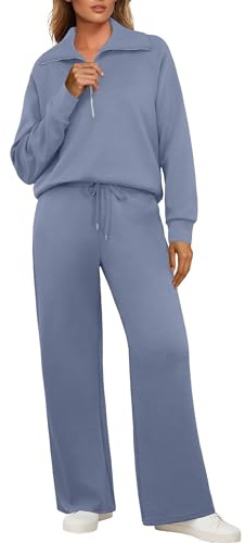 GRECERELLE Joggingdräkt för kvinnor, träningsoverall, tvådelad outfits, tracksuit långärmad, avslappnad, V-hals, halv dragkedja, toppar och joggingbyxor, träningsoveraller med fickor, Haze blå, XL