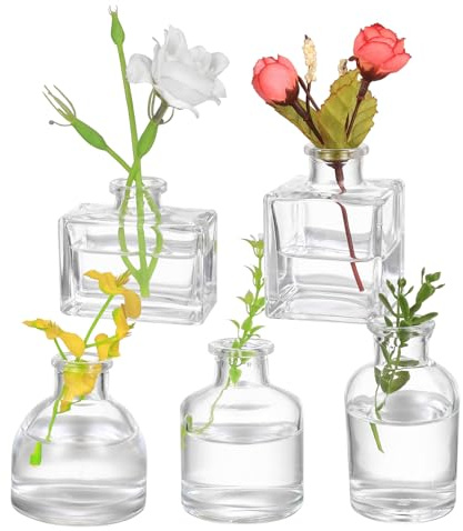 5 Pcs Jarrones de Cristal, Jarron Cristal Decoracion, Jarron Flores Transparentes Pequeños, Jarrón Cristales Floreros para Decoración de Mesa, Centro de Mesa, Decoración de Bodas y Fiestas