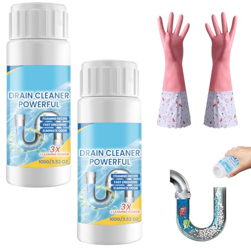 2 PCS Drain Unblocker, Sink Unblocker, 100g Foaming Drain Cleaner with Gloves for Kitchen Sink Drains, Bathroom Showers, Baths, Toilet