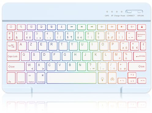 MMK Clavier Bluetooth, Layout AZERTY, Touches Silencieuses, Mini Clavier sans Fil Rétroéclairé Rechargeable pour iPad 10e Génération/iPad Pro/Air/Mini/10.2/9.7, iPhone, Android, Windows (Bleu)