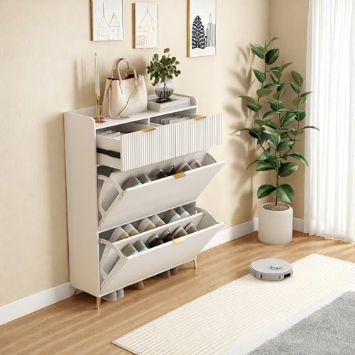 Lietre Moderner Eingangs-Schuhschrank 80x24x110cm, Schuhkommode mit 2 Klapptüren und 2 Schubladen, Schuhschrank Schmal für Eingangsbereich, Flur (Weiß)