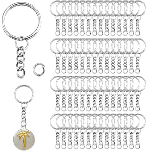 KASURE Key Chain Rings Set, 130PCS Key Rings with Chain and 130PCS Open Jump Rings Metal Splits, 25mm Splits Key Ring Hoops with Chain, Sliver Metal Keyring for DIY Crafts, Jewelry, Keyring Making