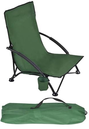 HomlyPro Low Folding Beach Chair, Pack of 1 - Portable Lightweight Camping Chair with Padded Armrest and Cup Holder, Convenient Carry Bag & High Mesh Backrest, Ideal for Picnic and Fishing (Green)