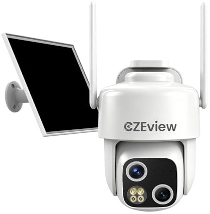 CZEview 3K Überwachungskamera Aussen Solar Akku, 2,4 GHz WLAN Kamera Outdoor mit Dual-Objektiv, 18x Auto-Zoom, 24/7 Kontinuierliche Aufzeichnung, Automatische Verfolgung, KI-Erkennung