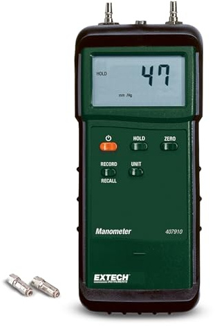 Extech 407910 Heavy-Duty Differential Pressure Manometer 29 psi, 8-Unit LCD, MIN/MAX, Zero, Data-Hold, RS-232, Holster & Case