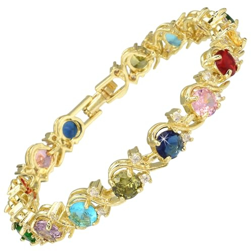 RIZILIA BLOSSOM 14K Gold Plated Multi Color Sapphire Birthstone Tennis Bracelet for Women - October 6mm Round CZ Gemstones, 7 Inch Hypoallergenic with Gift Box, Perfect Anniversary Birthday Gift