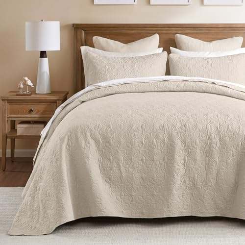 Madison Park Quebec Queen Size Quilt Bedding Set - Ivory , Damask – 3 Piece Bedding Quilt Coverlets – Ultra Soft Microfiber Bed Quilts Quilted Coverlet