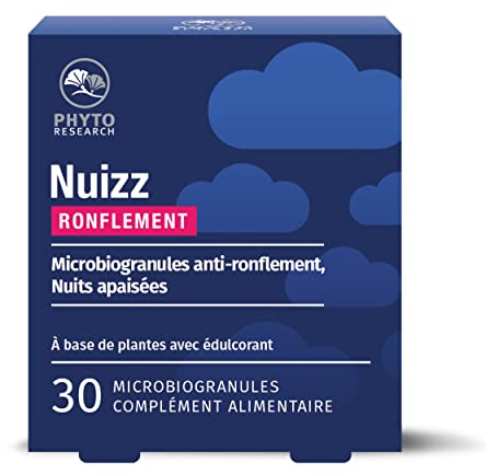 PhytoResearch - Nuizz Ronflement - Complément Alimentaire Anti Ronflements - Huile Essentielle de Menthe Poivrée, Aloe Vera, Vitamine E - 30 microbiogranules - Fabriqué en France
