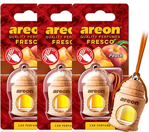 AREON Fresco Auto Duft Pfirsich Glas Duftflakon Orange Set Flakon Holz Hängend Anhänger Spiegel 4ml (Pack x 3)