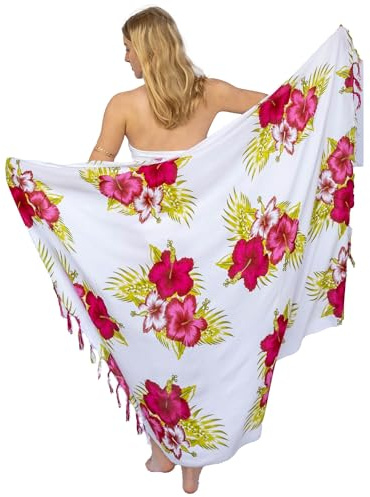 NELUHA Sarong damduk med saronghållare pareo omlottduk handduksklänning omlottkjol dam strandhandduk xxl duk män pareo dam strandhandduk dam, Vit rosa blomma, 200x150cm