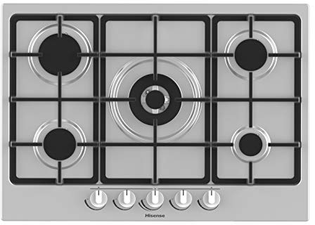 Hisense GM773XF Plaque de cuisson à gaz, 5 zones de cuisson, largeur 70 cm, brûleur wok double couronne et grilles en fonte, allumage intégré, inox anti-empreintes