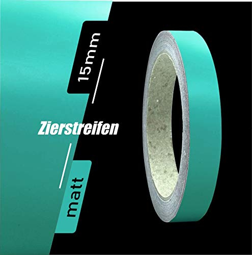 siviwonder Zierstreifen selbstklebend Folie Türkis Matt matt 15 mm x 10 m Rolle Dekorband Auto Motorrad Boot Fahrrad Wohnwagen Helm Pinstripe Klebeband für Konturmarkierung Linien Dekoration Zierlinie