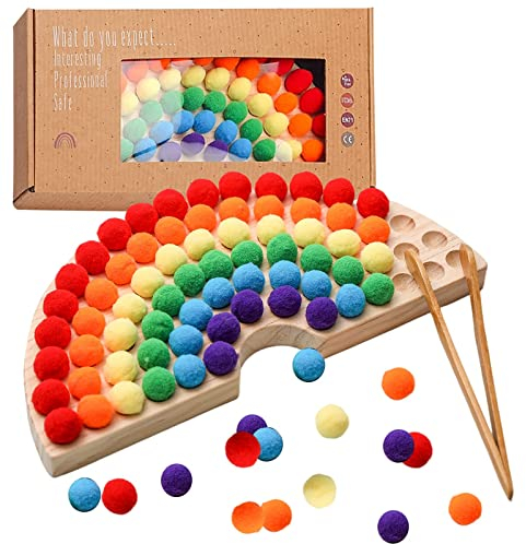 OESSUF Wooden Peg Board Beads Game Wooden Clip Beads Game Color Classification Fine Motor Skill Montessori Educational Toys for Math Learning (Rainbow Color)