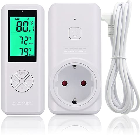 Kabelloser Thermostatausgang, temperaturgesteuerte Steckdose Heizung & Kühlung Fernbedienung und Plug-in-Empfänger, über 91 m Reichweite, mit 1,8 m NTC Temperatursonde Weiß