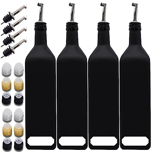 Flasche Ölflasche mit Edelstahl-Ausgießer 1 Liter - Deckel in Schwarz, Gold und Silber - Wasserfestes Etikett (4x 1 Liter Flaschen)
