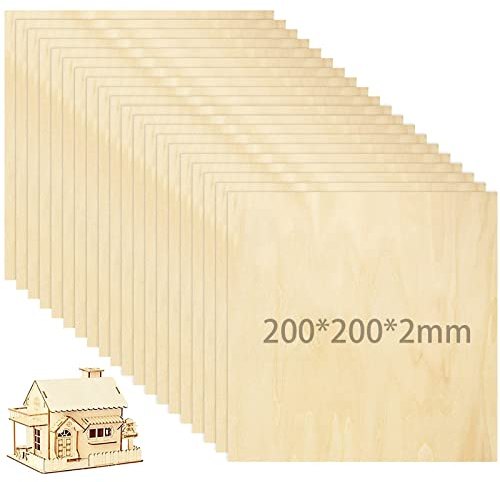 MIVIDE 20 Pezzi Fogli di Compensato in Legno di Tiglio 200 x 200 x 2 mm, Pannelli Compensato per fai da te, Modelli, Arti e Mestieri