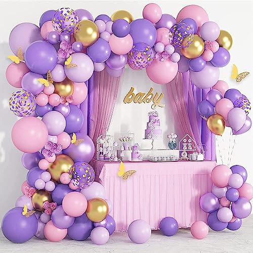Kit Guirnalda Globos Morado Rosa, 119 piezas Decoración Boda, Dorados Metálicos Globo y Mariposa Dorada para Niñas, Mujeres, Fiestas de Cumpleaños, Bodas, Aniversario
