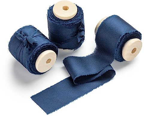 AOKSUNOVA Nastro di seta 3,8 cm, blu scuro, nastro di raso per regali, matrimonio, nastro con frange