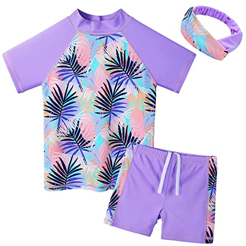 BAOHULU Girls Rash Guard Swimsuit Two Piece Short Sleeve Bathing Suit UPF 50+UV Beach Swimwear HS399_PurpleLeaves_4A