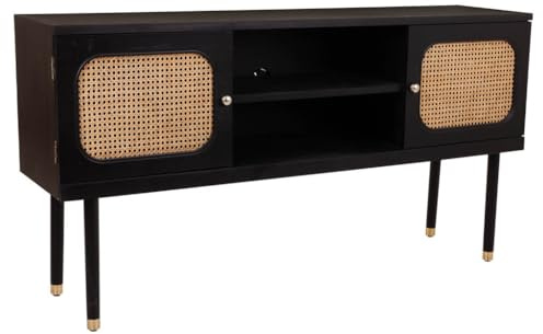WANDERLUST DECO Aparador de Madera y Rejilla de Bambu con Dos Puertas Negro