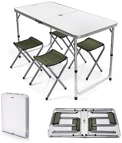 meteor Campingtisch-Set klappbar und höhenverstellbar – Aluminium Koffertisch 120x60 cm - Faltbarer Campingtisch mit 4 Klappstühlen für Camping & Picknick