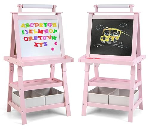 RELAX4LIFE 3 IN 1 Lavagna per Bambini, Cavalletto Pittura a Doppia Faccia, Lavagna Magnetica con Rotolo di Carta, Giocattolo Educativo 3+ Anni (Rosa)